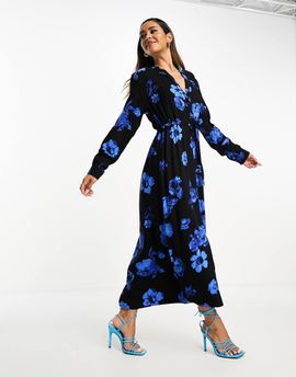 Selected Selected belted maxi dress in blue florals-Black
