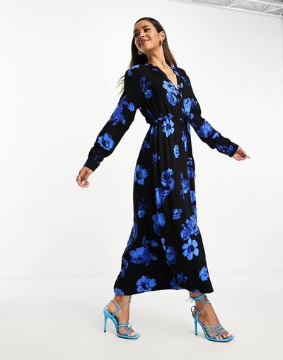 Selected Selected belted maxi dress in blue florals-Black