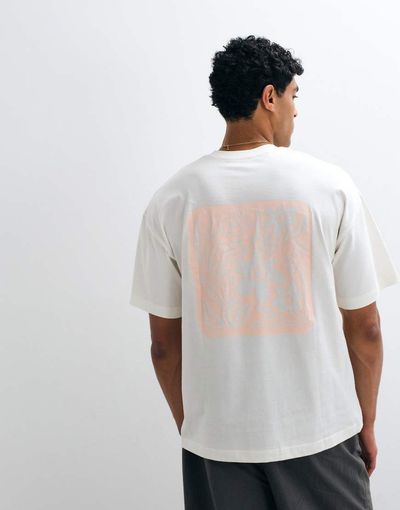 Selected Selected boxy fit T-shirt with pink abstract flower backprint in cream-White