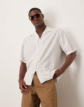 Selected Selected camp collar linen blend shirt in white stripes