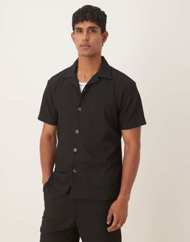 Selected Selected camp collar plisse shirt in black - part of a set