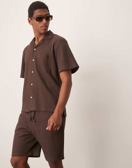 Selected Selected camp collar waffle shirt in brown - part of a set