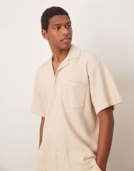 Selected Selected camp collar waffle shirt in cream - part of a set-White