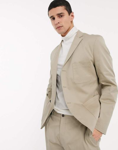 Selected Selected cotton blend slim fit patch pocket suit jacket in stone-Neutral