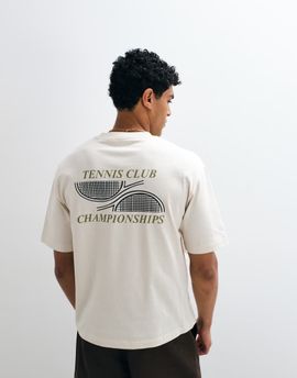Selected Selected heavyweight boxy fit T-shirt with green tennis club backprint in cream-White