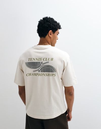 Selected Selected heavyweight boxy fit T-shirt with green tennis club backprint in cream-White