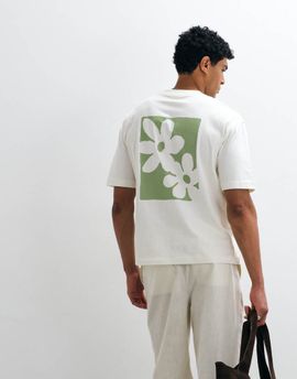 Selected Selected heavyweight relaxed fit T-shirt with green abstract flower backprint in cream-Navy