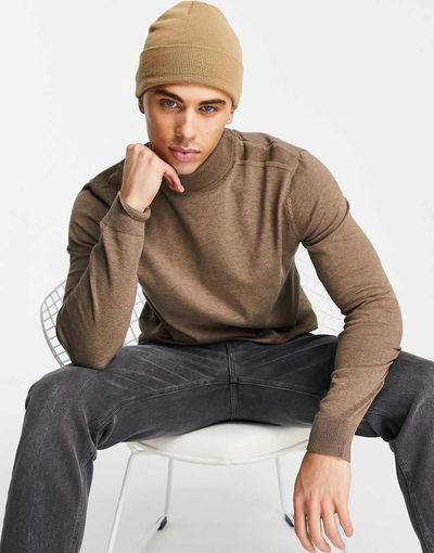 Selected Selected Homme roll neck sweater in brown-Neutral
