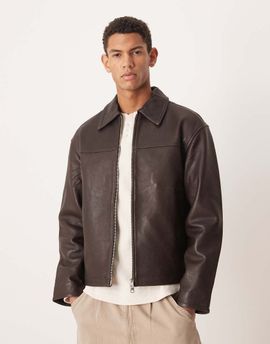 Selected Selected leather zip up jacket in brown