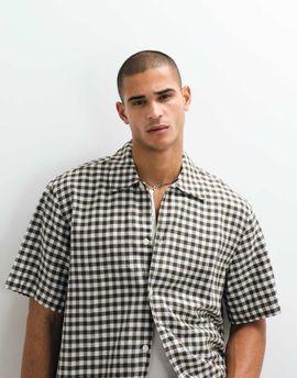 Selected Selected linen blend short sleeve shirt in brown plaid