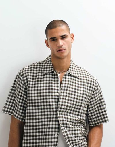 Selected Selected linen blend short sleeve shirt in brown plaid