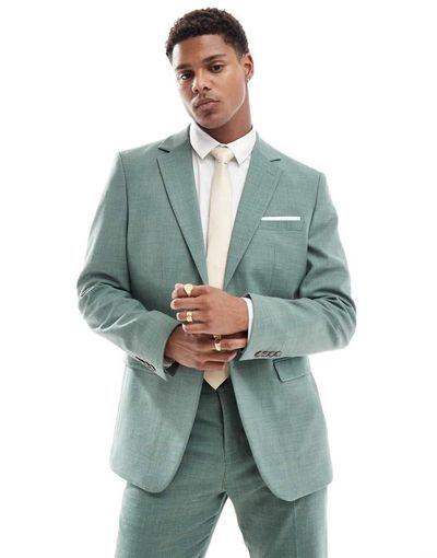 Selected Selected linen mix slim fit suit jacket in green