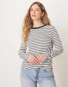 Selected Selected long sleeve boxy t-shirt in black and white stripes-Multi