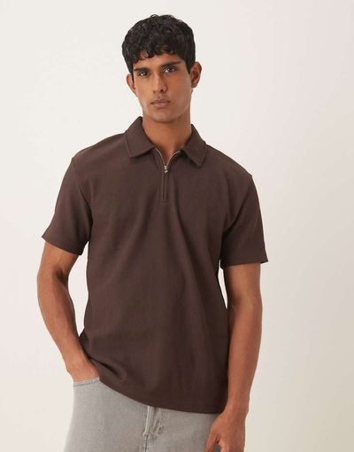 Selected Selected plisse half zip polo in brown