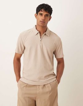 Selected Selected plisse half zip polo in tan-Neutral