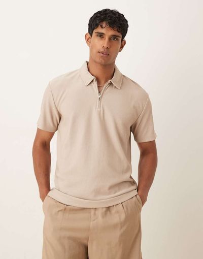Selected Selected plisse half zip polo in tan-Neutral