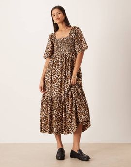 Selected Selected puff sleeve dress in leopard print-Black