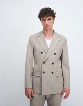Selected Selected slim fit blazer in beige pinstripe-White