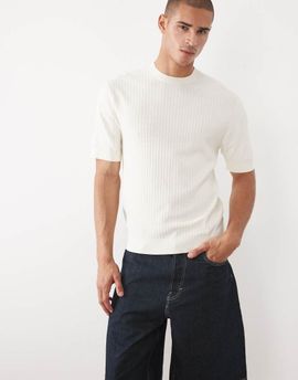 Selected Selected viscose blend knit structured t-shirt in cream-White