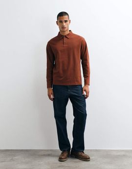 Selected Selected waffle knit long sleeve polo shirt in rust-Red
