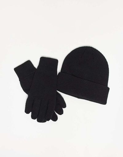Selected Selected wool blend gift set with beanie and gloves in black