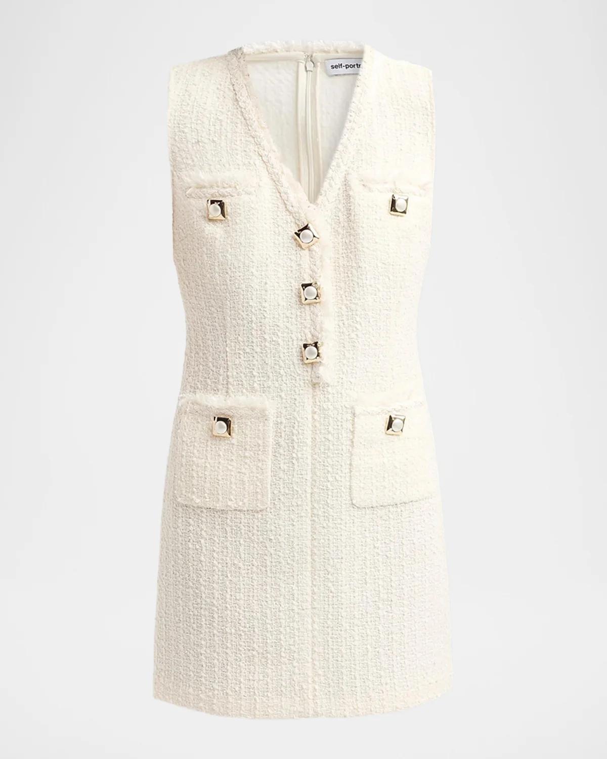 Self-Portrait Bouclé V-Neck Shift Mini Dress