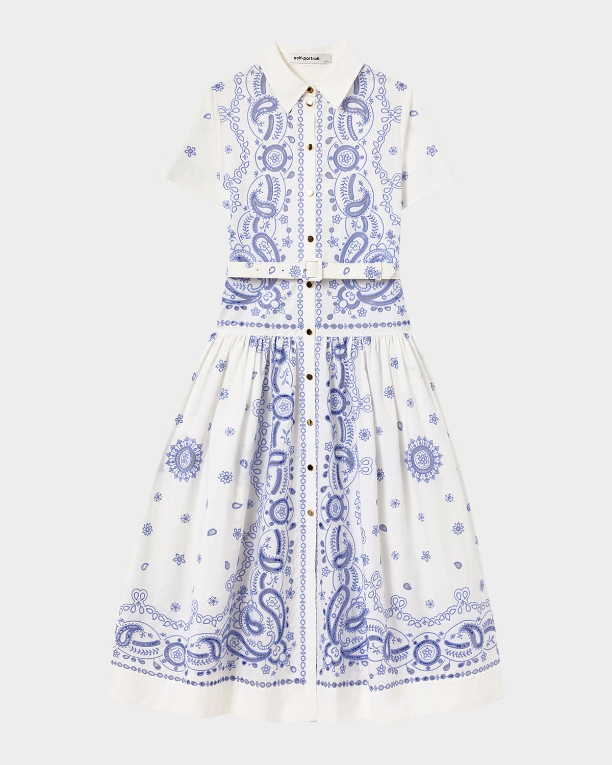 Self-Portrait Embroidered Cotton Belted Midi Dress