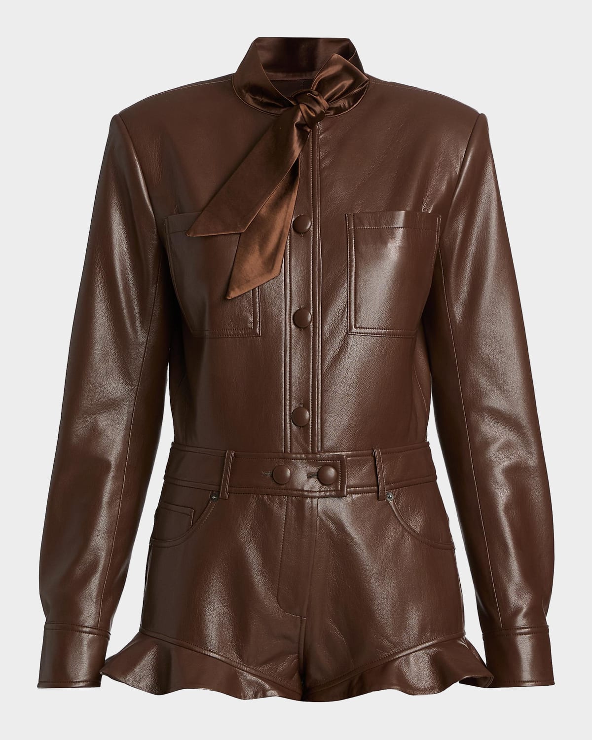 Self-Portrait Faux-Leather Ruffled-Hem Playsuit