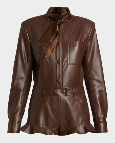 Self-Portrait Faux-Leather Ruffled-Hem Playsuit