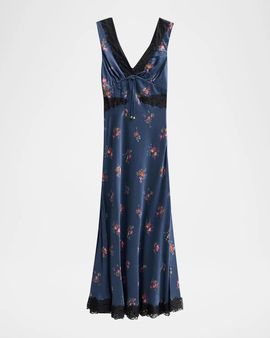 Self-Portrait Inset-Lace Printed Satin Midi Dress