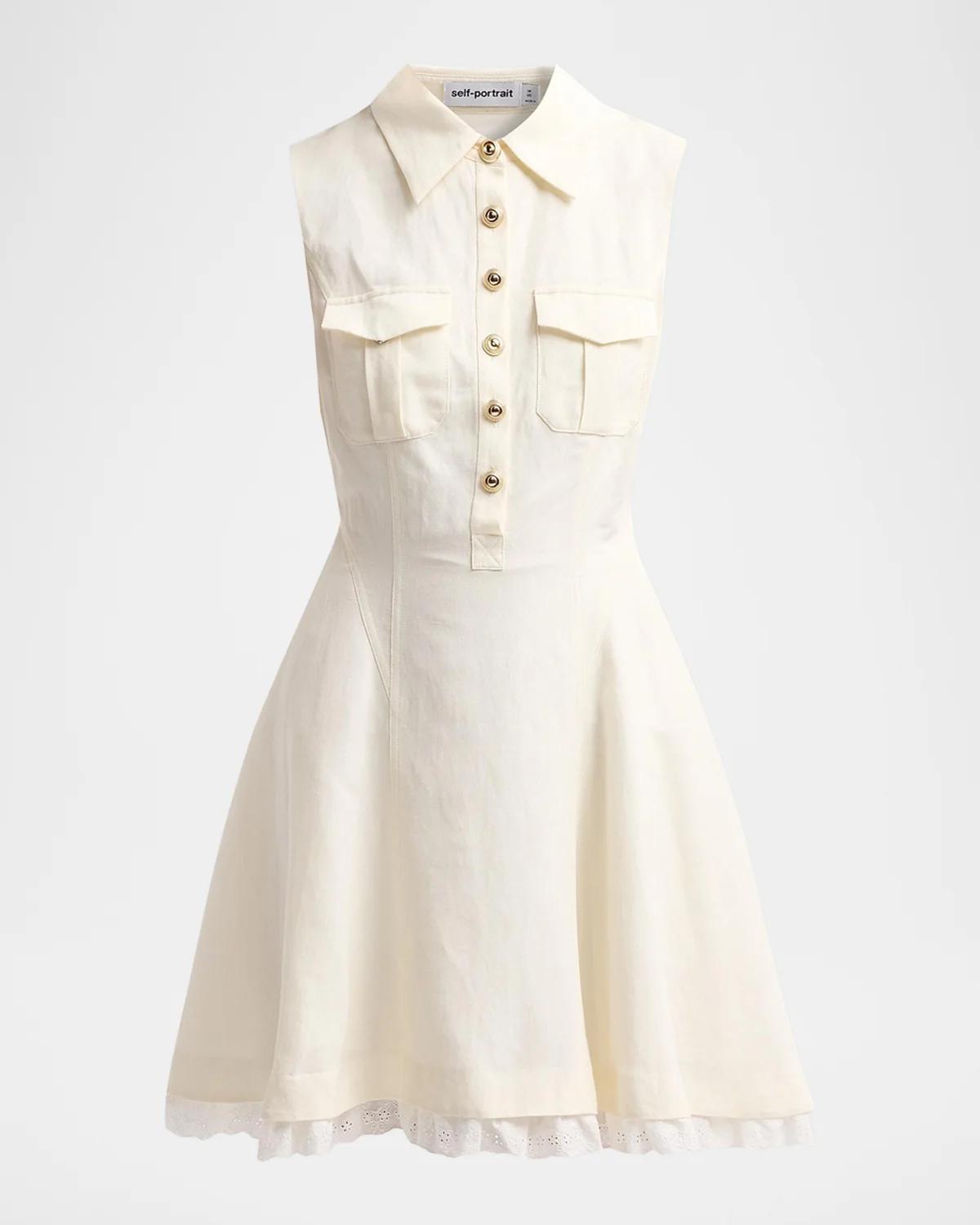 Self-Portrait Linen Sleeveless Mini Shirtdress