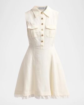 Self-Portrait Linen Sleeveless Mini Shirtdress