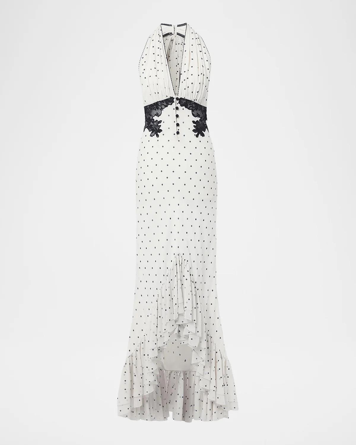 Self-Portrait Polka Dot Halterneck High-Low Maxi Dress