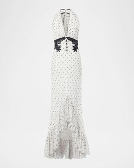 Self-Portrait Polka Dot Halterneck High-Low Maxi Dress