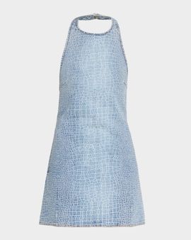 Self-Portrait Rhinestone Croc-Effect Denim Mini Dress