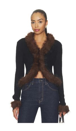 self-portrait self-portrait Black Faux Fur Knit Cardigan