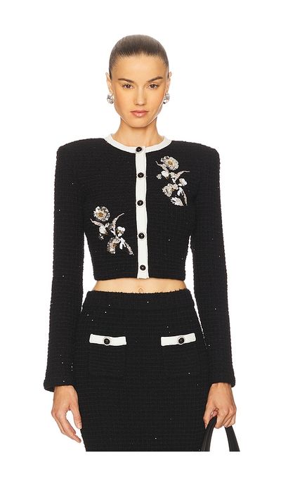 self-portrait self-portrait Black Floral Textured Knit Jacket