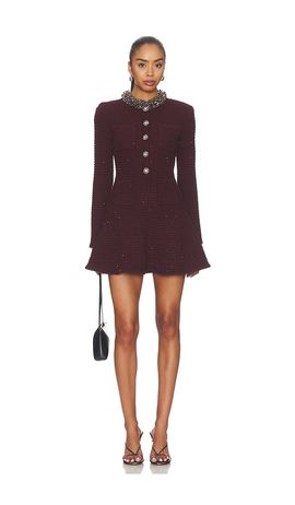 self-portrait self-portrait Burgundy Textured Knit Embellished Mini Dress