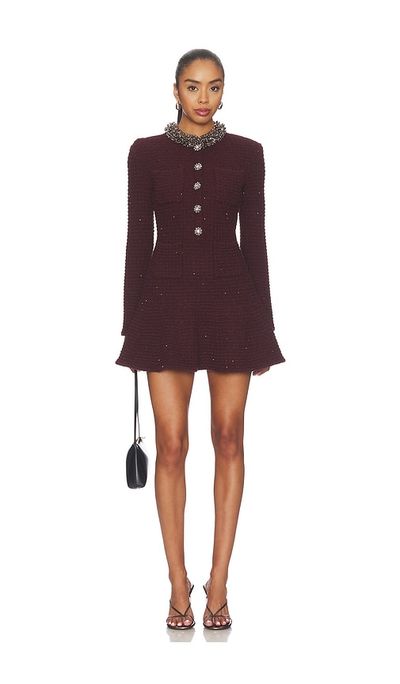 self-portrait self-portrait Burgundy Textured Knit Embellished Mini Dress