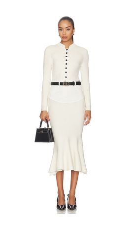self-portrait self-portrait Cream Knit Denim Insert Midi Dress