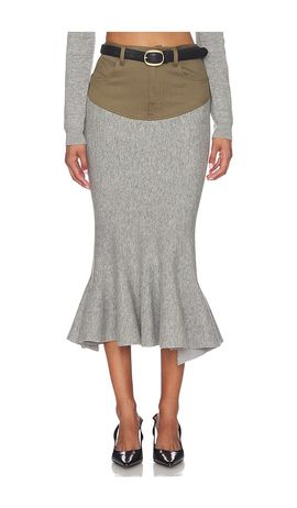 self-portrait self-portrait Grey Knit Khaki Denim Insert Midi Skirt