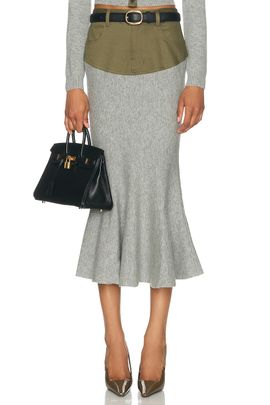 self-portrait self-portrait Knit Khaki Denim Insert Midi Skirt