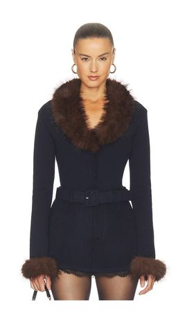 self-portrait self-portrait Navy Faux Fur Knit Cardigan