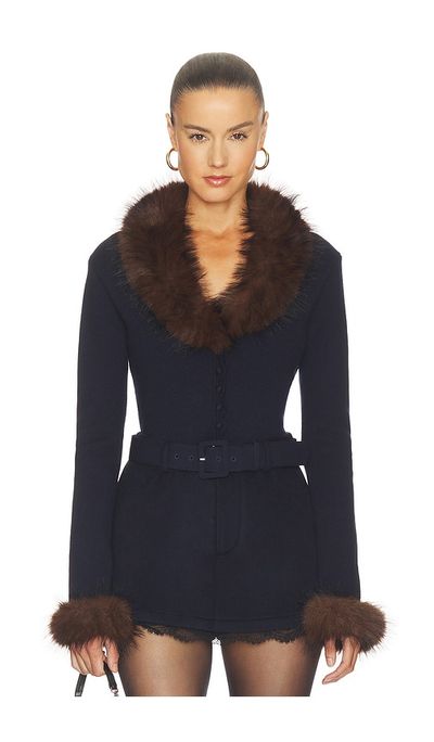 self-portrait self-portrait Navy Faux Fur Knit Cardigan