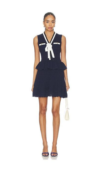 self-portrait self-portrait Navy Peplum Pointelle Knit Mini Dress