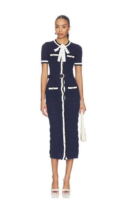 self-portrait self-portrait Navy Pointelle Knit Midi Dress