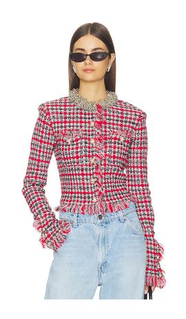 self-portrait self-portrait Red Check Frayed Knit Jacket