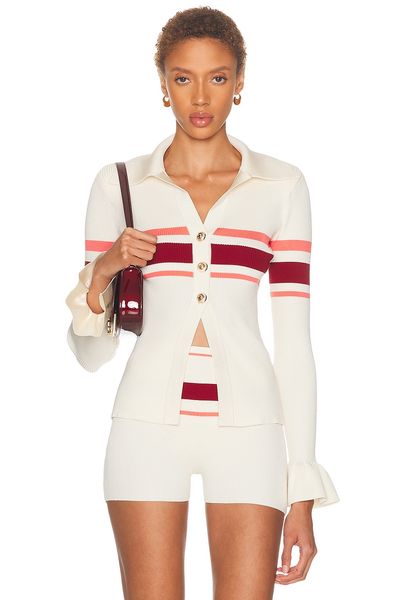 self-portrait self-portrait Stripe Viscose Knit Button Top