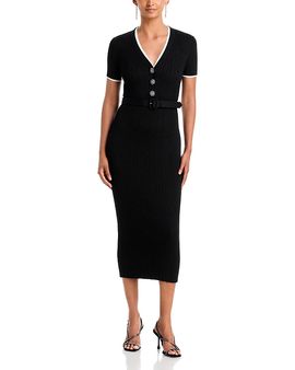Self-portrait Self-Portrait V Neck Belted Rib-Knit Midi Dress