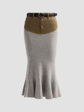 Self-Portrait Women's Denim-Insert Knit Midi Skirt